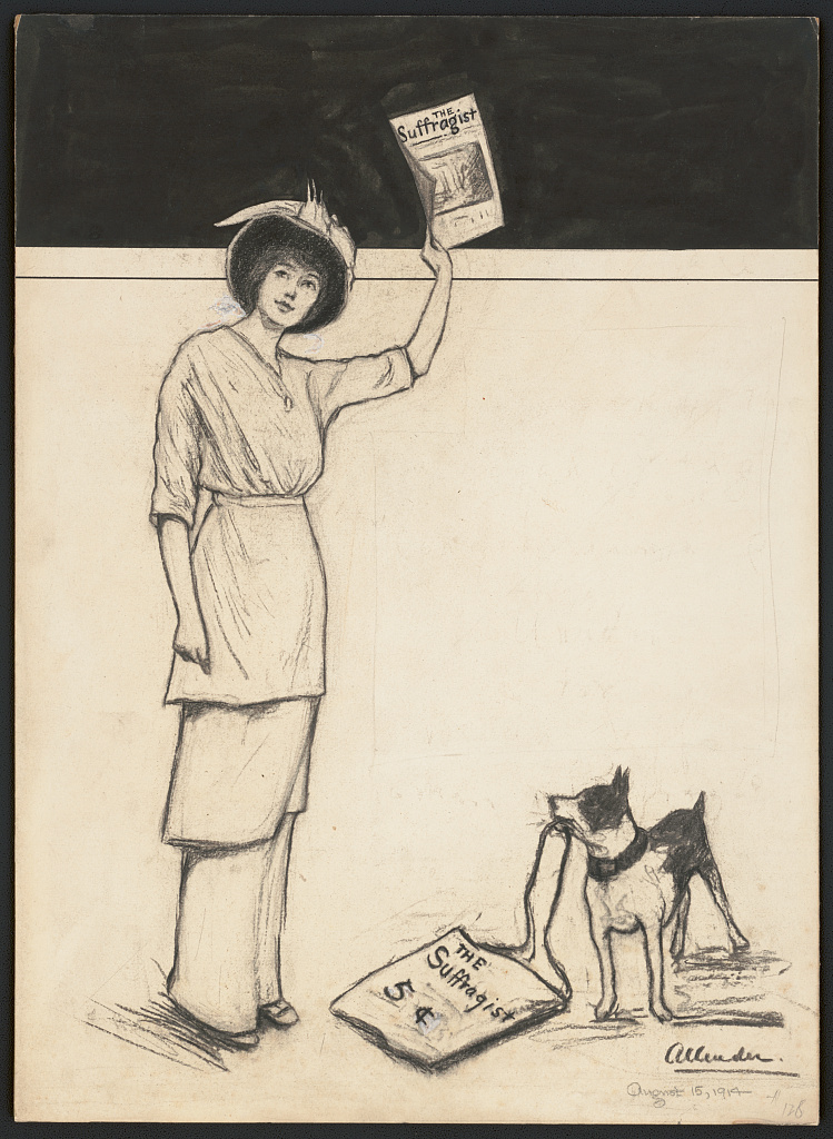 Black and white line drawing of a woman in a tiered skirt holding up a newspaper titled "The Suffragist"
