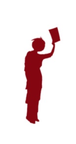 Rust-brown silhouette of a woman in a tiered skirt holding a newspaper above her head