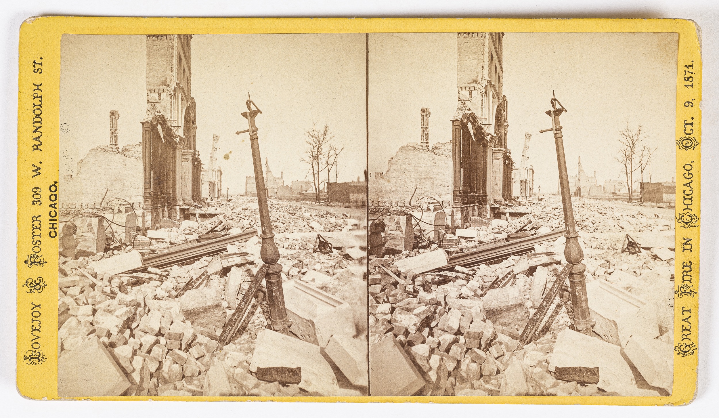 Photographic stereoview of building ruined by fire