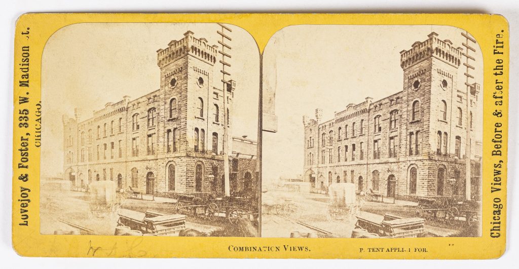 photographic stereoview of a brick building with a large square tower on the right