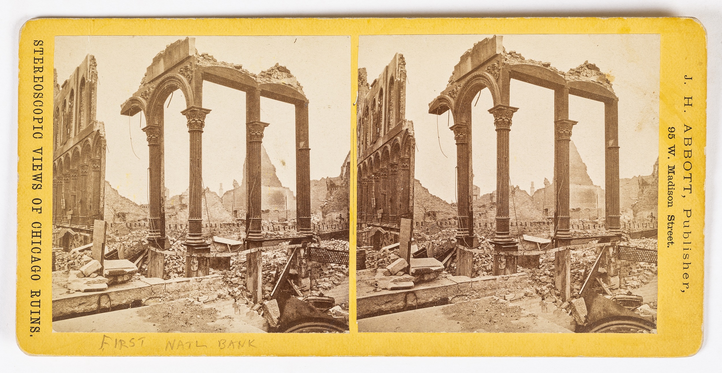 Photographic stereoview of a building ruined by fire