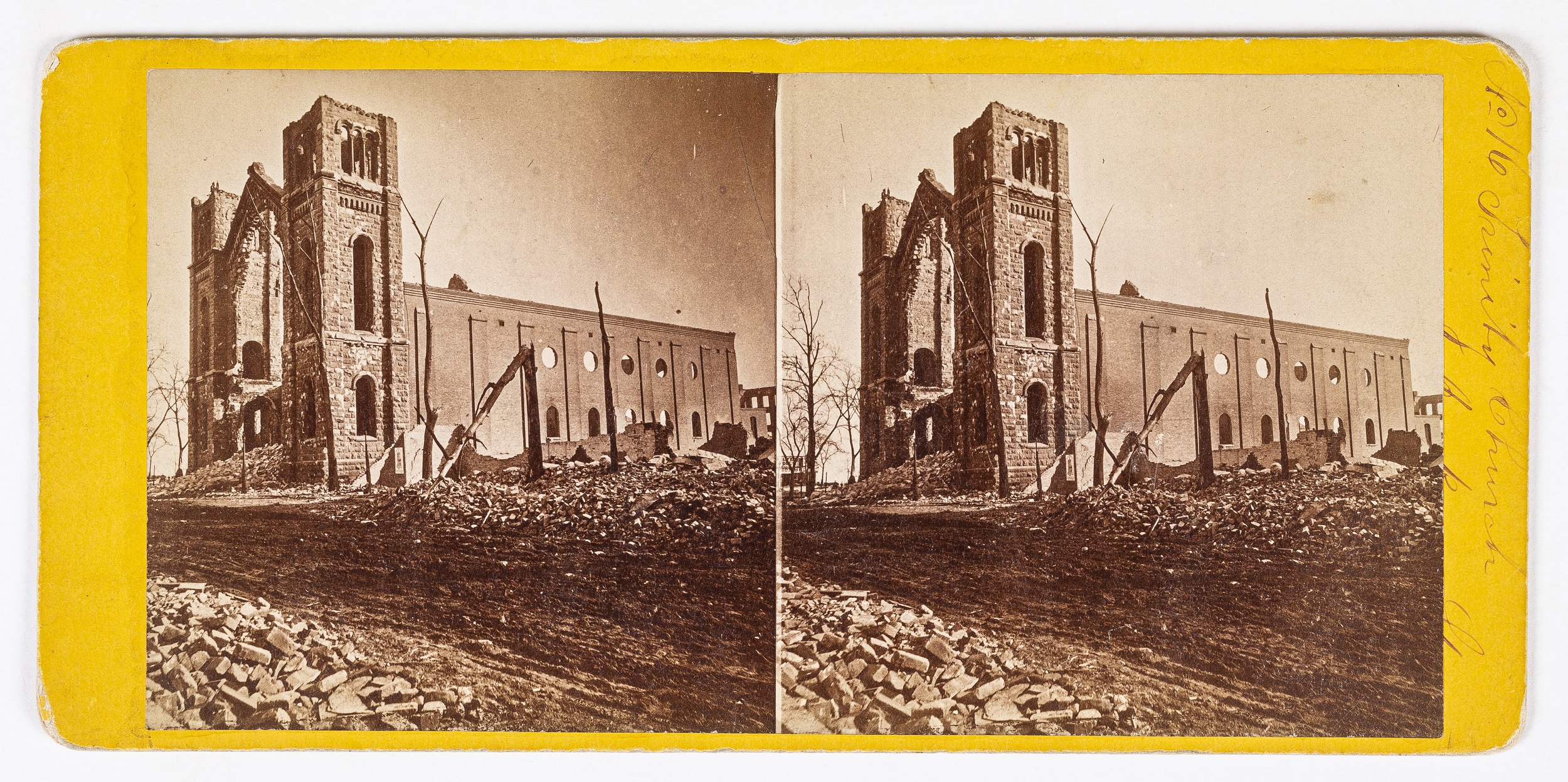 Photographic stereoview of a church building damaged by fire