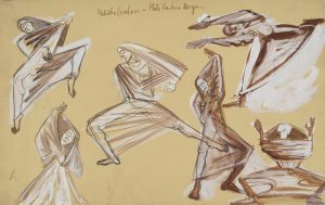 Drawing of draped dancers done in white and brown on tan paper