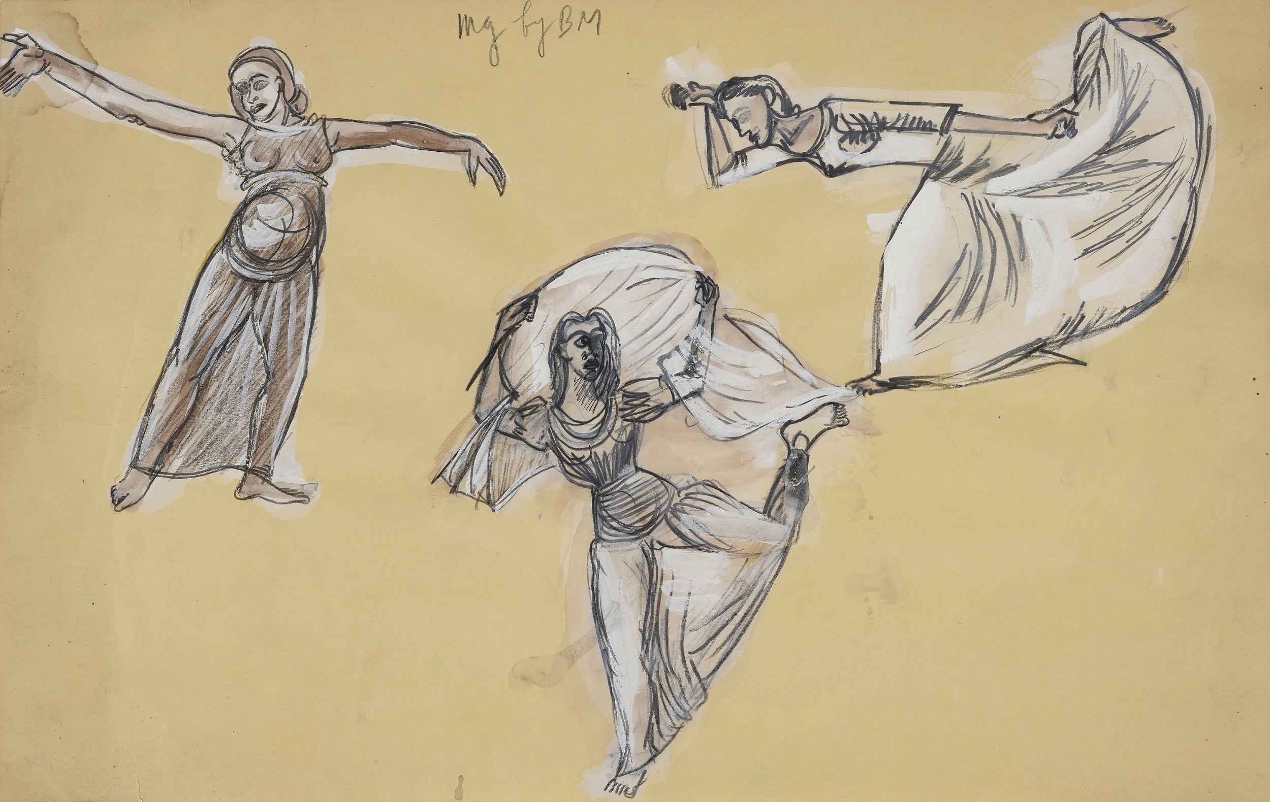 Drawing of draped dancers done in white and brown on tan paper