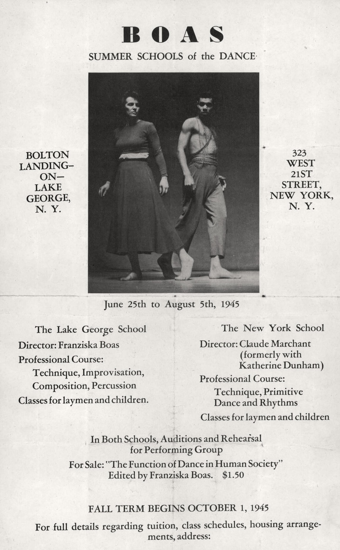 Black and white poster for dance school featuring a male and female dancer