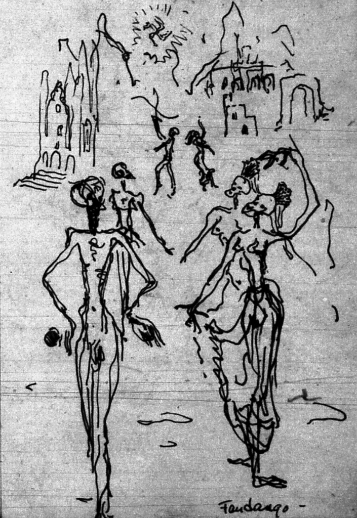 Black and white drawing of emaciated figures moving toward a distant building, with a swastika in the sky above