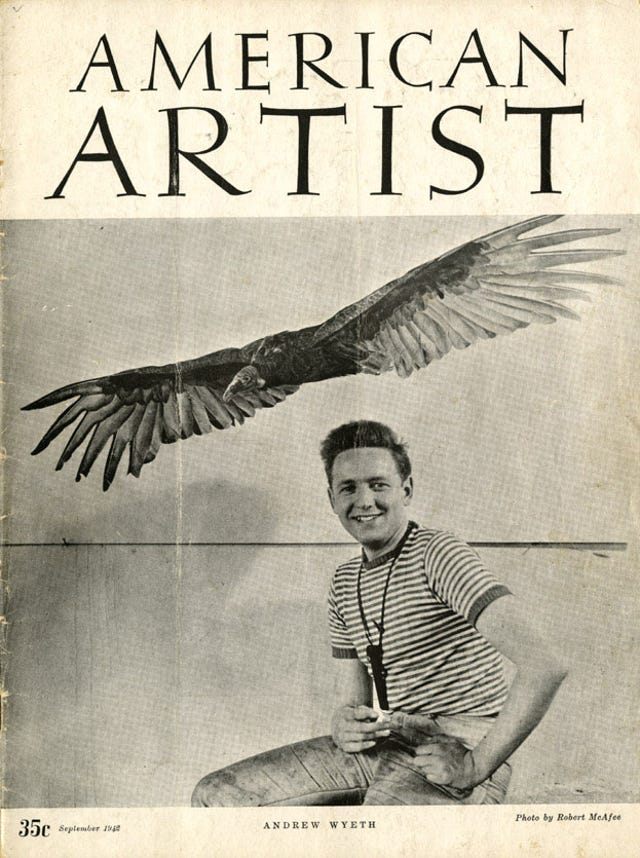 Magazine cover with photograph of smiling young man in front of a painting of a flying bird