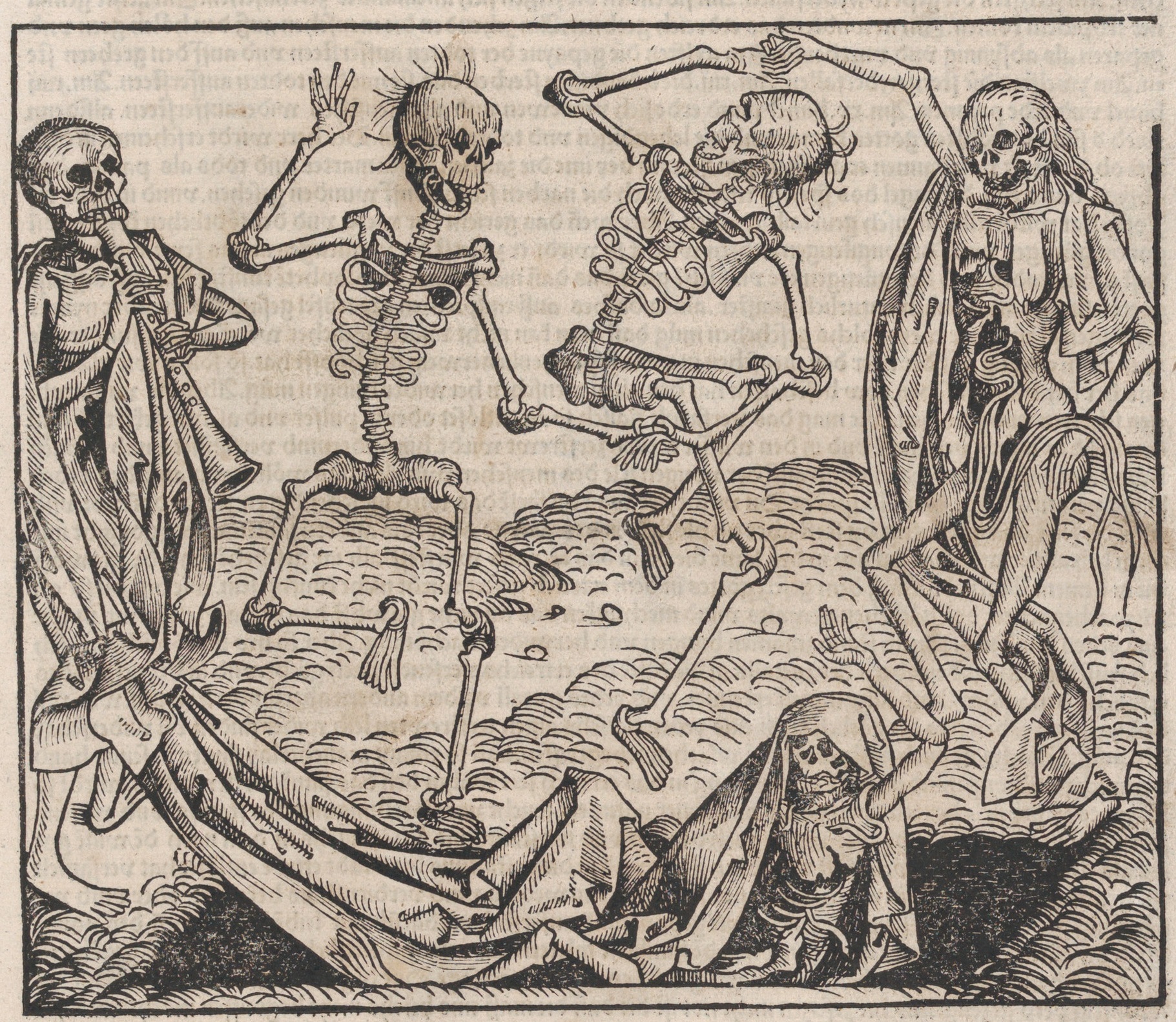 black and white print of five skeletons dancing