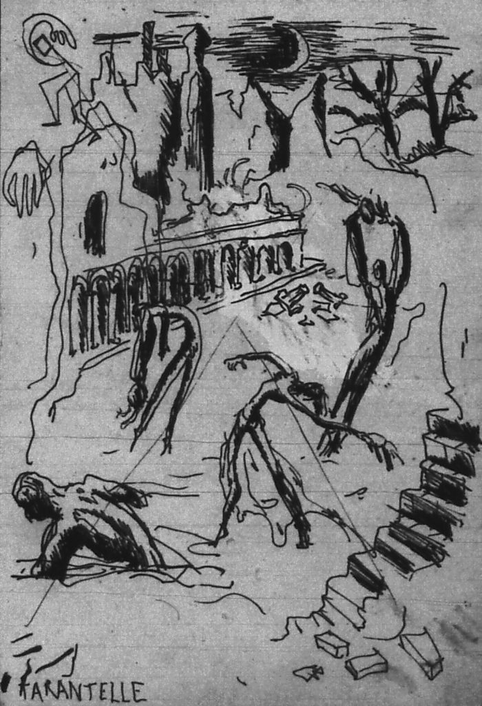 black and white drawing of emaciated figures striking poses in front of a building with a classical arcade