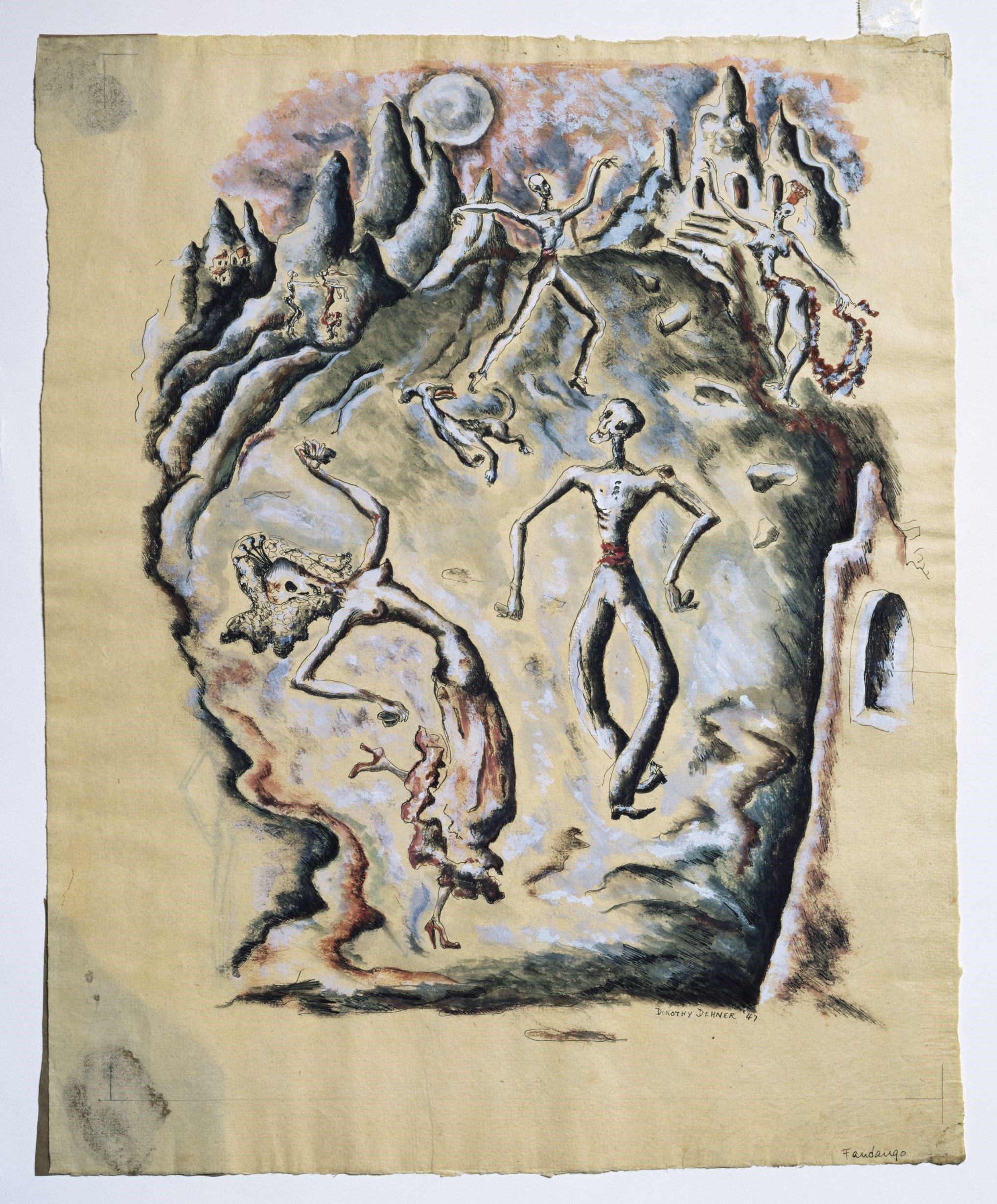 Drawing of emaciated figures moving toward a distant building in an apocalyptic landscape