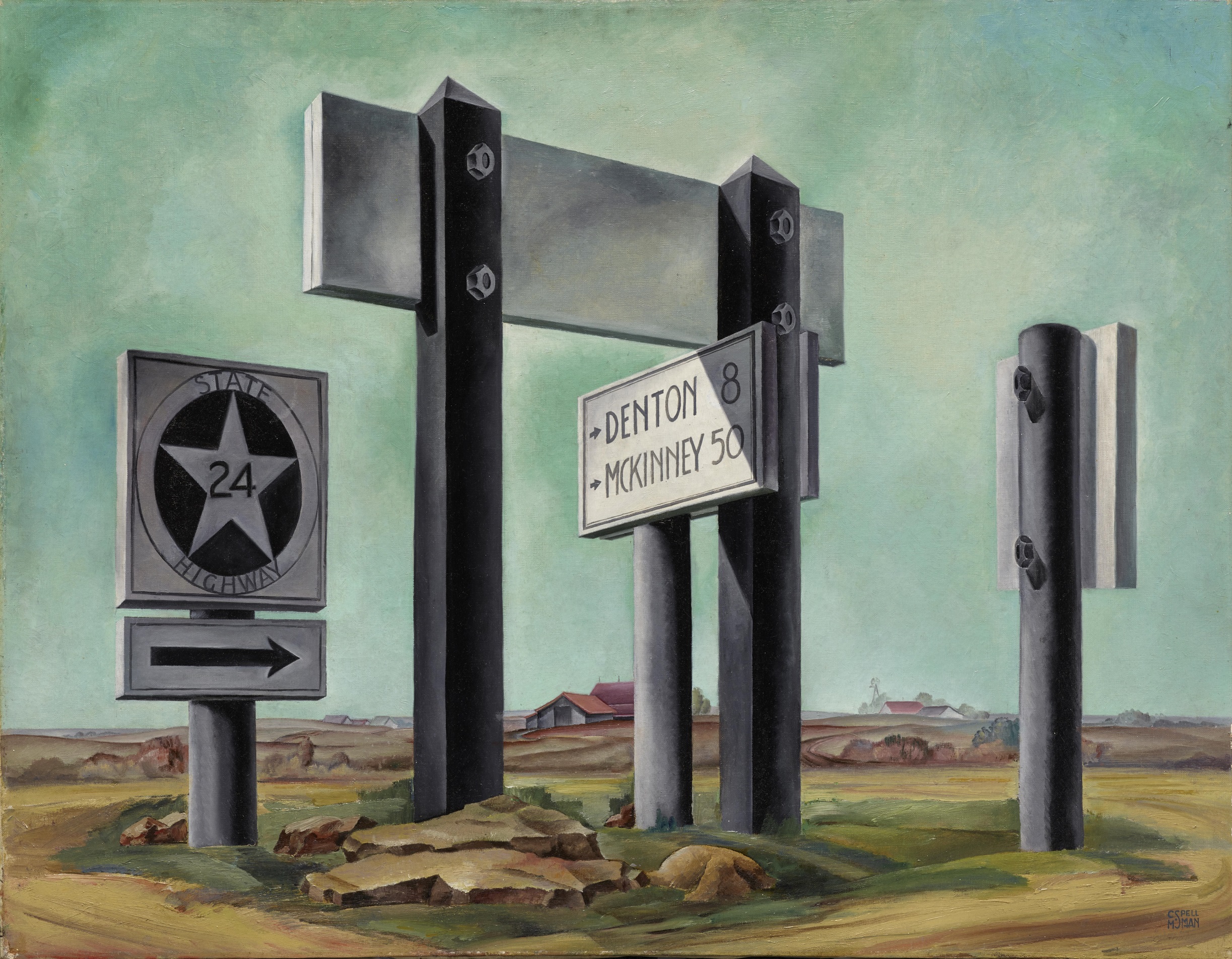 painting of a landscape in the American west with several road signs