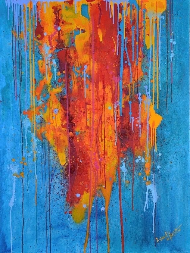 Abstract painting with irregular orange shape against a blue background, with paint drips from top to bottom