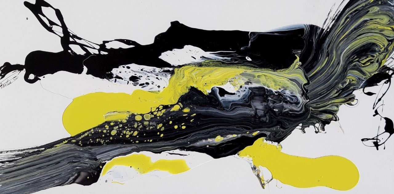 Abstract painting of irregular black and yellow forms against a white background