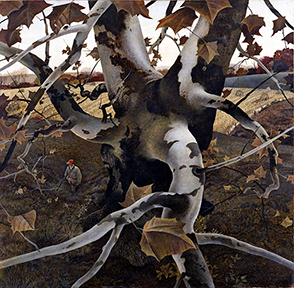 Painting of a hunter in a red cap seen from above through the branches of a tree