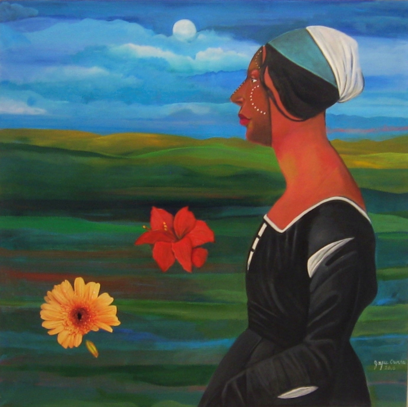 Painted profile portrait of a brown-skinned woman in a landscape. Two flowers, red and yellow, float in front of her.