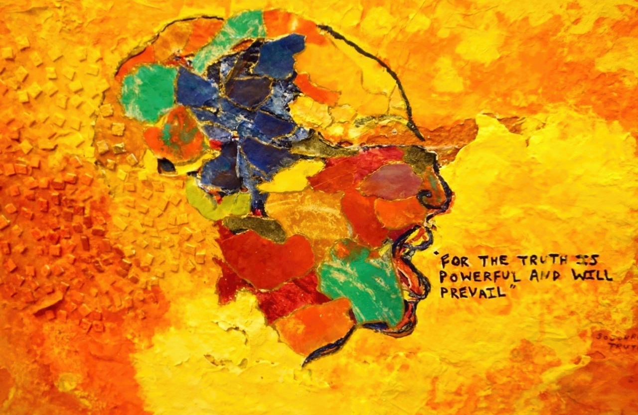 Abstract painting of a human head against a yellow-orange background. Emerging from the mouth are the words FOR THE TRUTH IS POWERFUL AND WILL PREVAIL.