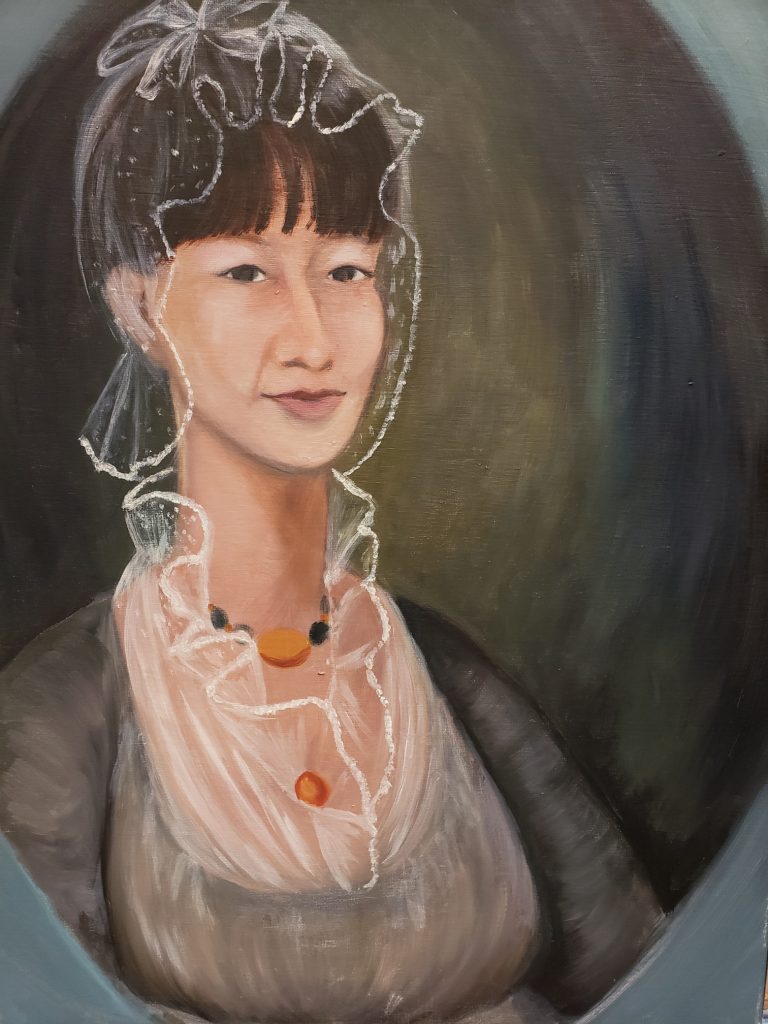 Painting of an Asian woman in a lace bonnet and Empire-style dress, wearing a white lace bonnet