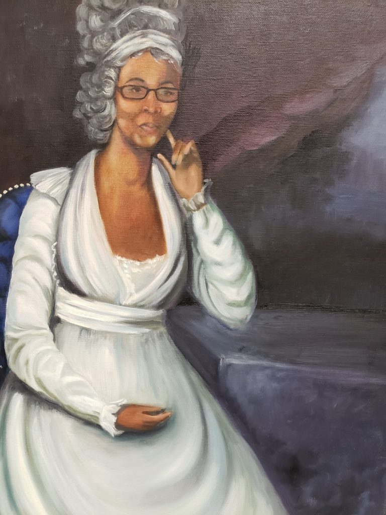 Painting of a brown-skinned woman with glasses in a white Empire-style dress seated in a tufted blue chair