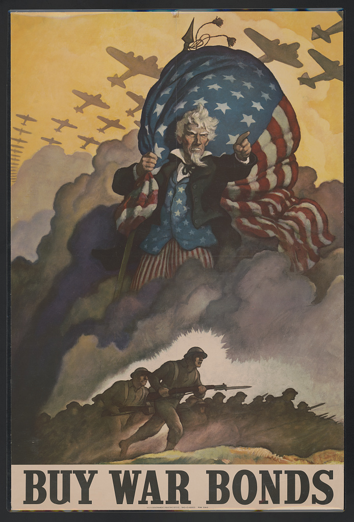 Poster with white-haired man standing above an army, holding an American flag, while planes fly overhead