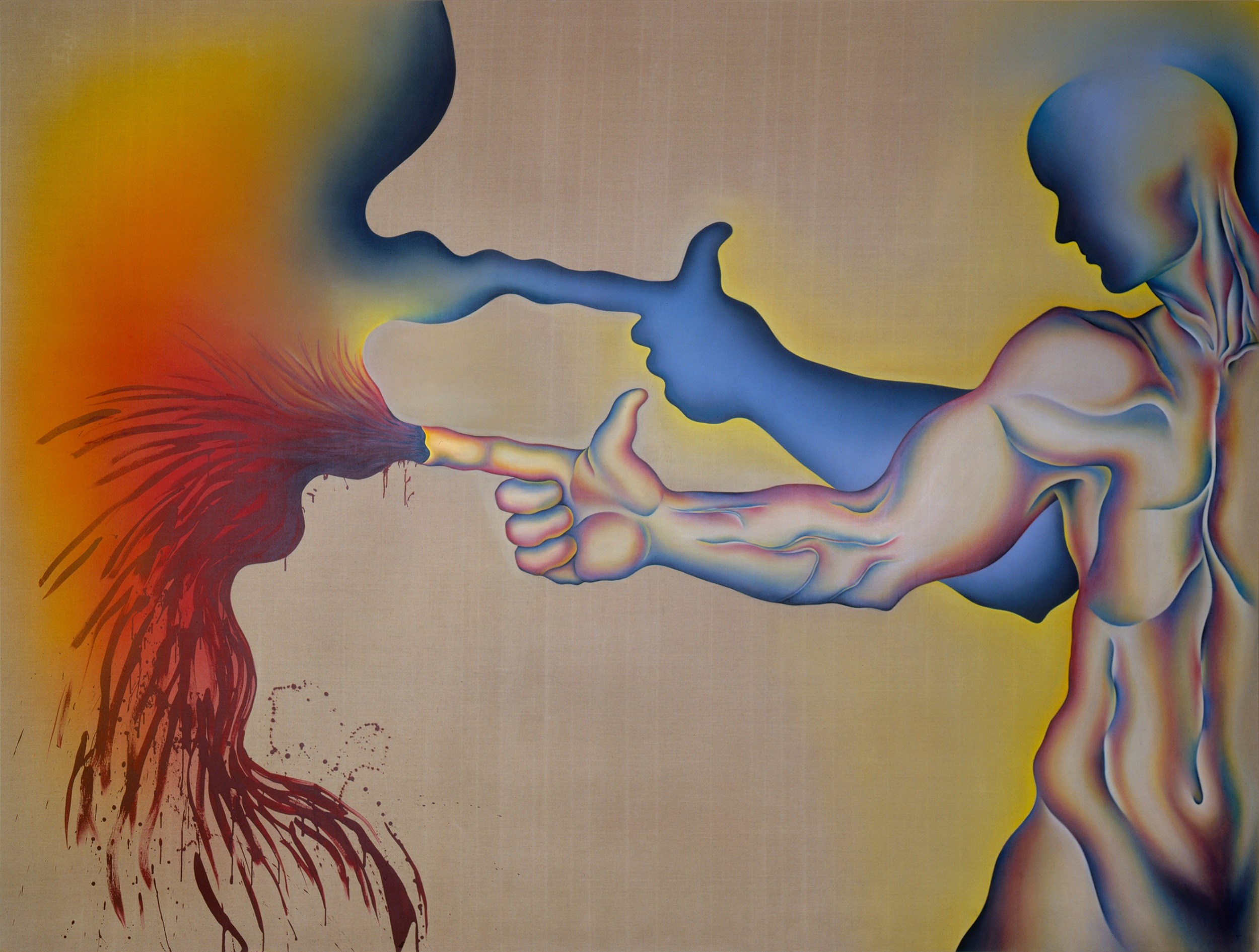 Painting of a nude androgynous figure shooting red liquid out of their right index finger. Behind their outstretched arm is a blue shadow.