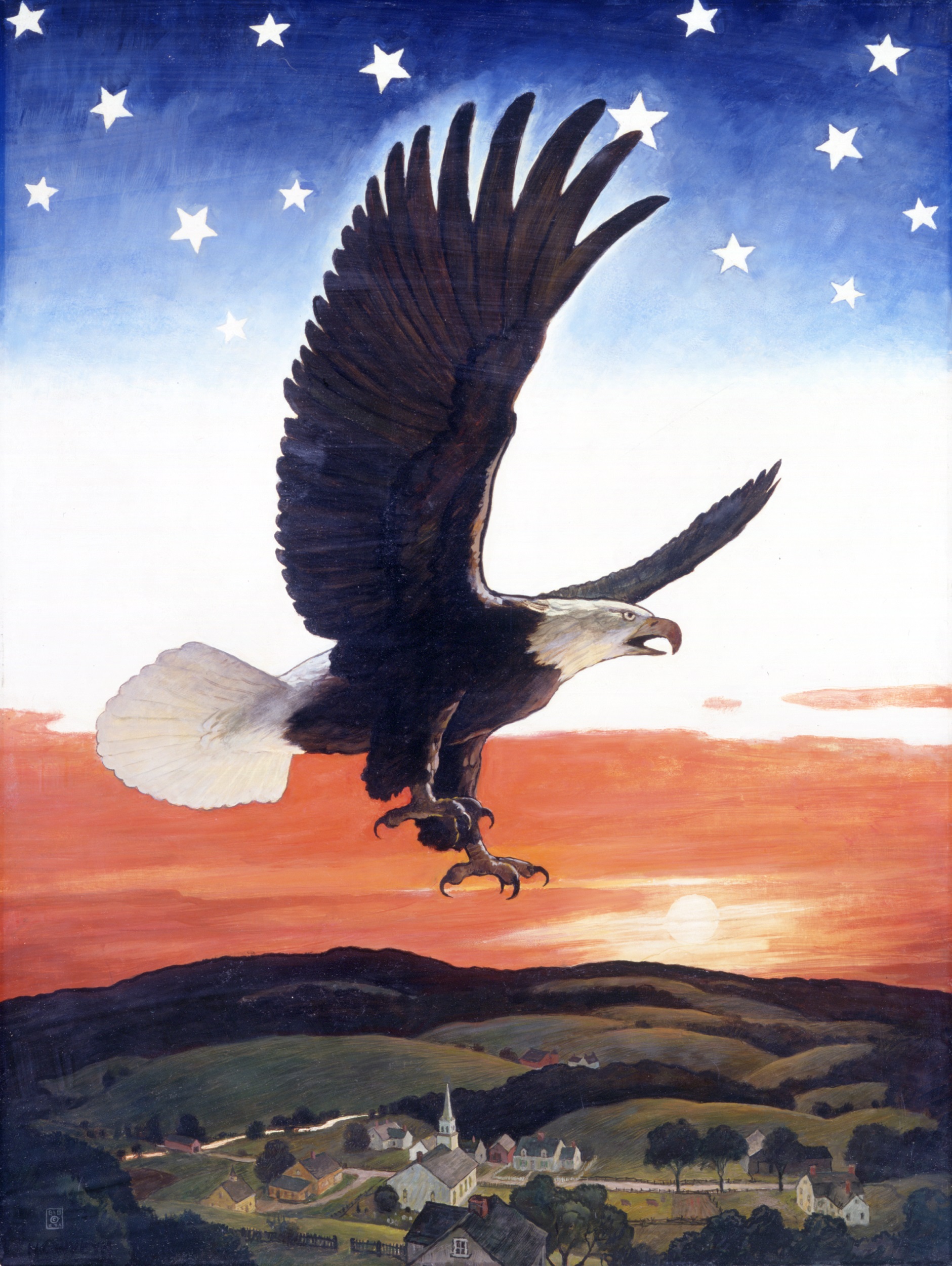 Painting of a bald eagle flying over a a small town including a church with a white steeple. The sky is red, white, and blue with white stars.