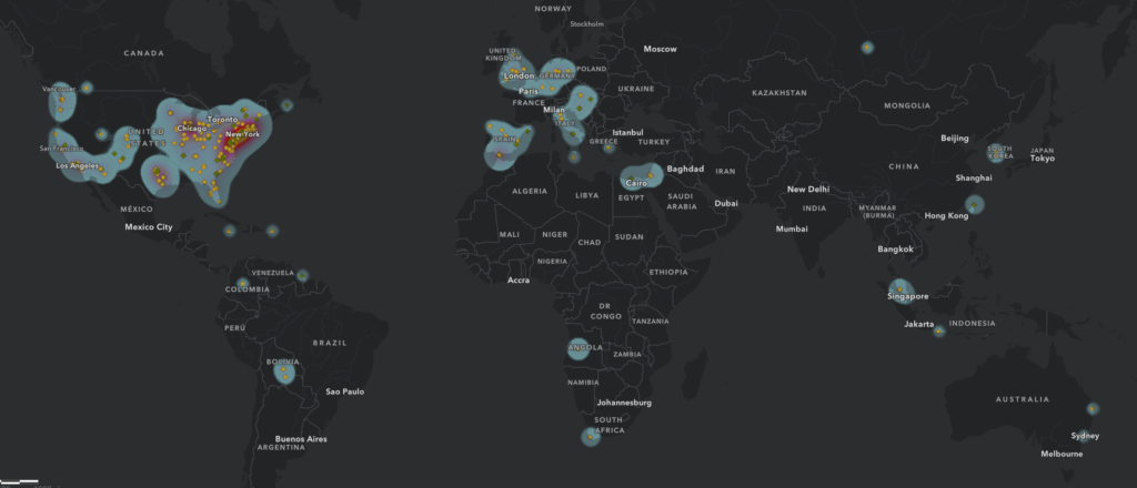 Heat map of the world with data points on six continents, with the largest concentration in North America