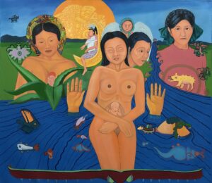 Painting with a nude women, the fetus in her womb exposed, standing in a river in a lush landscape. Behind her are several other figures and symbols.
