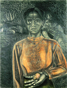 Artwork depicting a woman in glasses and an orange blouse holding a small human skull in her hand
