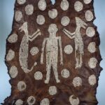 Animal hide with shell decorations in the form of a human figure flanked by animals