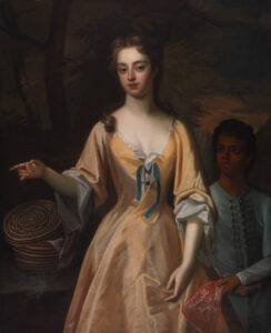 Painted portrait of a white woman in a yellow satin gown, with a young brown-skinned servant behind her