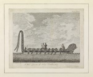 Engraved print of a boat with passengers