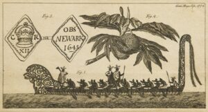 Engraved print of a boat with passengers, above which are the silhouettes of Indigenous New Zealand "chiefs"