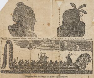 Engraved print of a boat with passengers, with a branch of a fruit tree and royal insignia hovering above