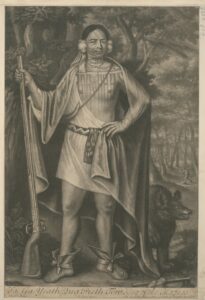 Black and white print of an Indigenous figure holding a rifle, with a bear behind him