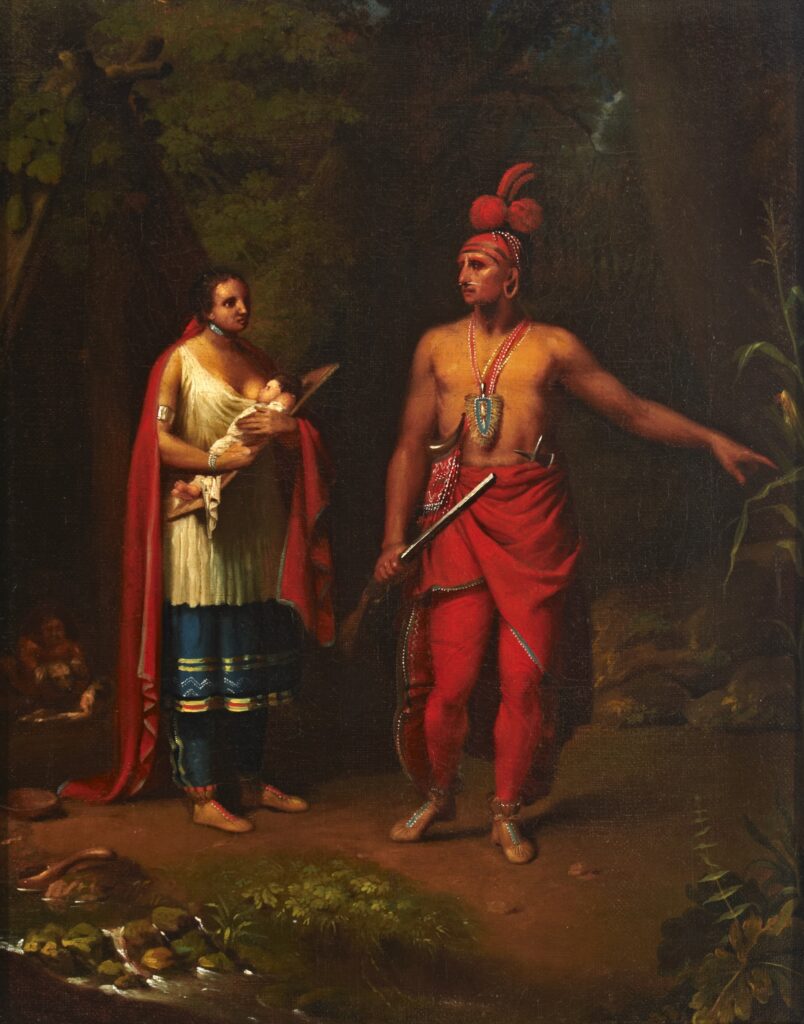 Oil painting of an Indigenous man, woman and child; the man is holding a rifle