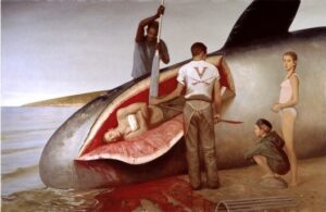Painting of a beached whale flayed open with a man lying inside. Two other men attempt to get him out while two children observe.