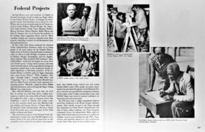 Two page magazine spread with four black-and-white photographs of African American people in art classes. The header reads "Federal Projects"
