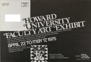 Postcard with white text on a black background advertising 1975 Howard University Faculty Art Exhibit