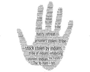 Word cloud in the shape of a hand; the most prominent phrase is "stock stolen by indians"