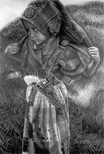 Black and white drawing of a young girl on a hillside with a patterned cloth over her head and a gun holstered at her waist