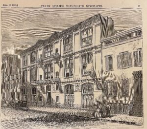 Black-and-white newspaper illustration of a three-story townhouse on a city street
