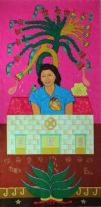 Painting of a woman in a blue shirt emerging from the roof of a small house, with lush cactuses above and below, against a hot pink background