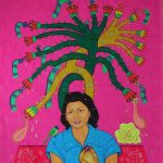 Painting of a woman in a blue shirt emerging from the roof of a small house, with lush cactuses above and below, against a hot pink background