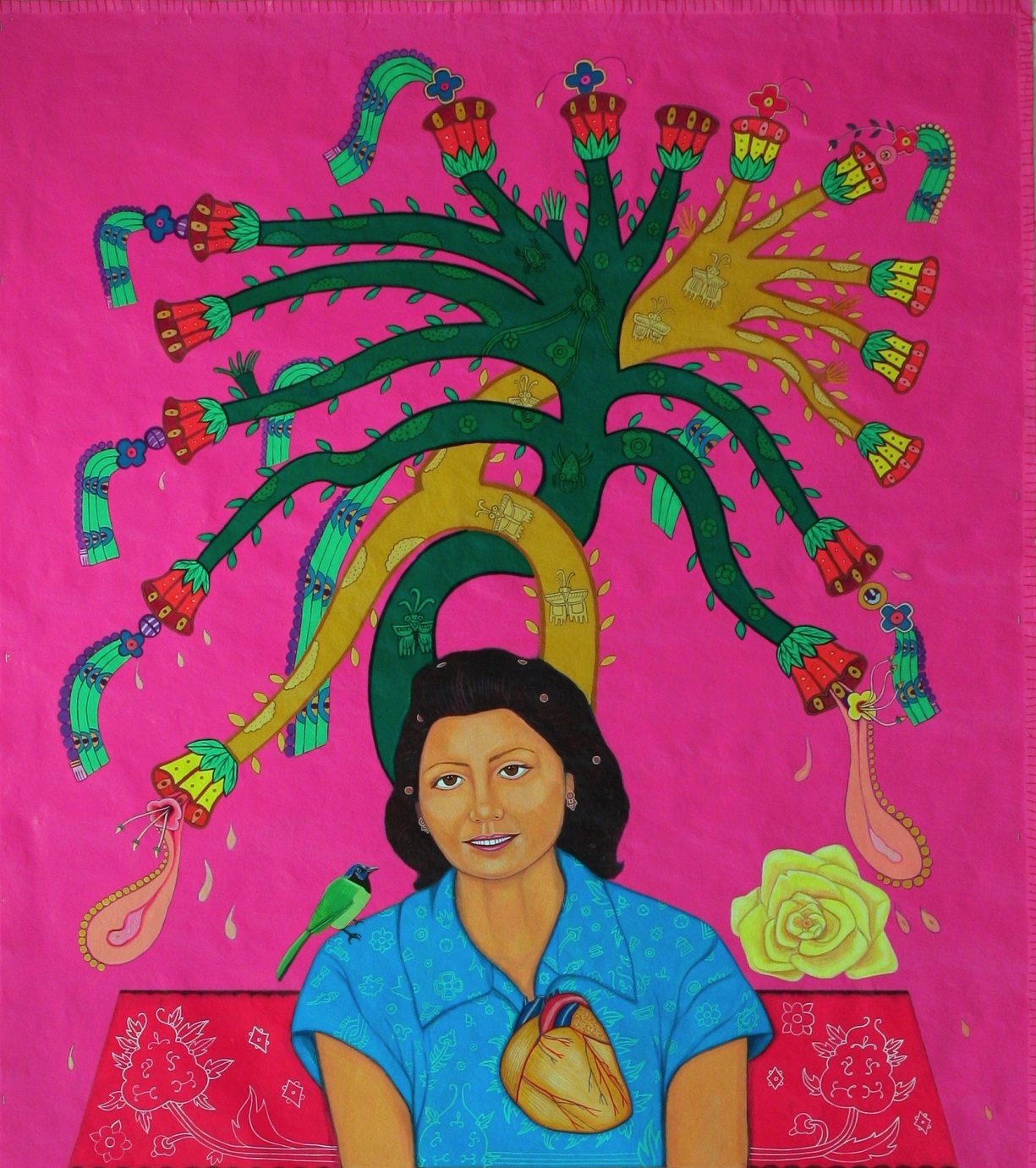 Painting of a woman in a blue shirt emerging from the roof of a small house, with lush cactuses above and below, against a hot pink background
