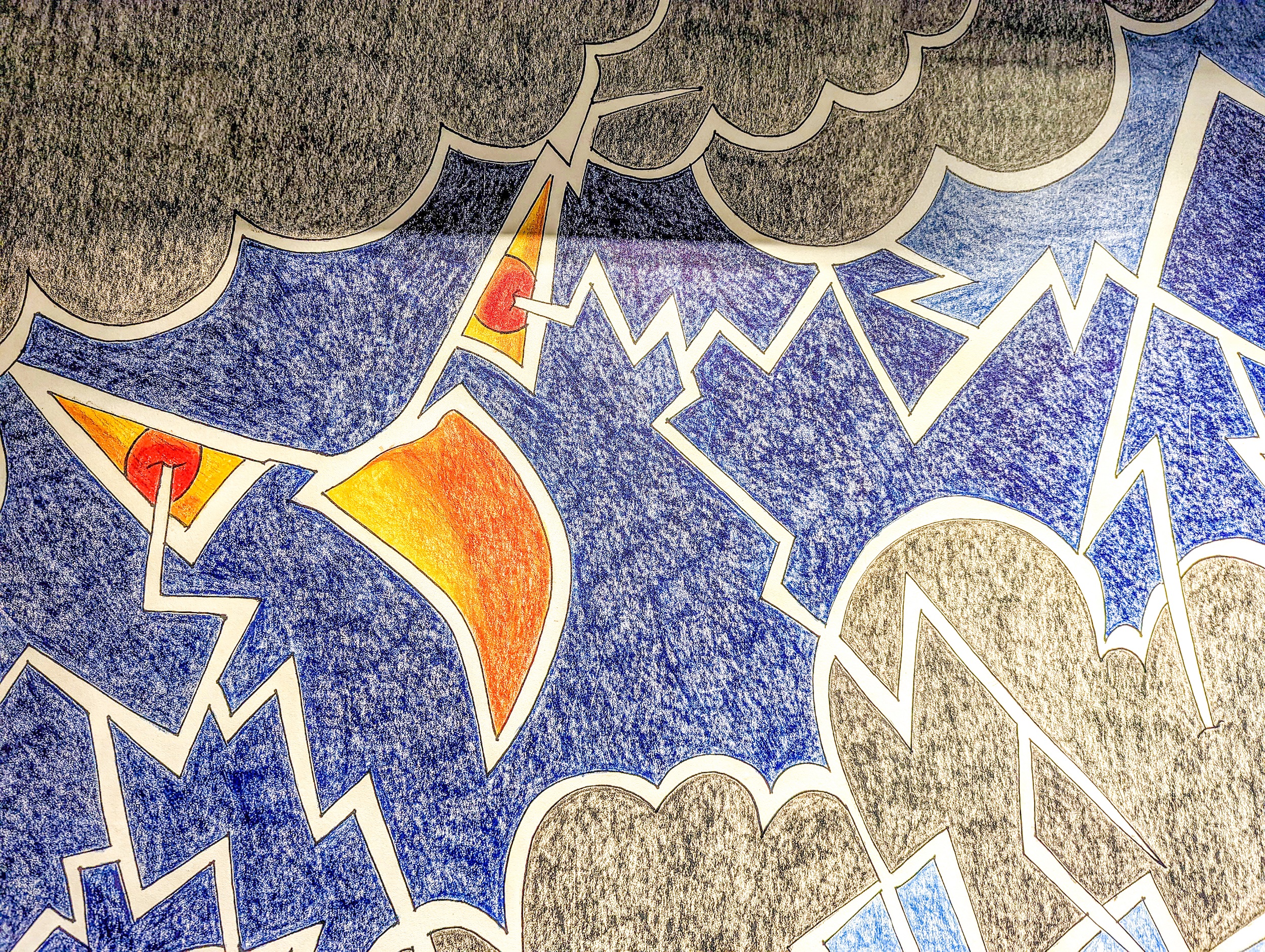 Colorful painting of jagged forms in gray, blue, and orange, suggesting thunder and lightning