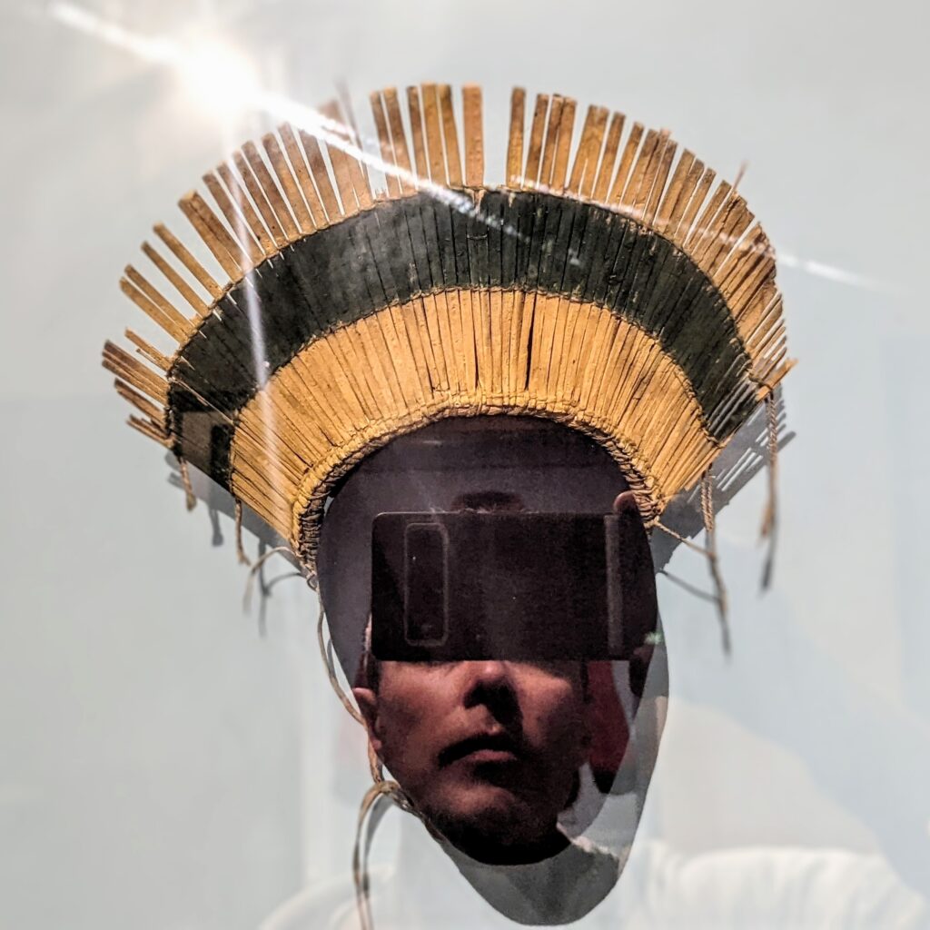 Photographic image of a face, eyes covered with a black rectangular form, wearing a headdress made of sticks