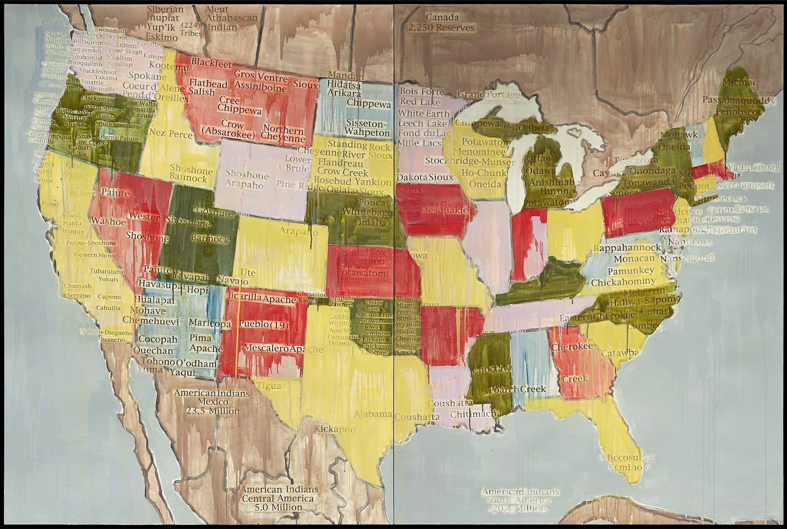 Painting of a map of the continental united States, with the states rendered in hues of yellow, green, red, blue, and pink, and state names replaced by Native American tribal names