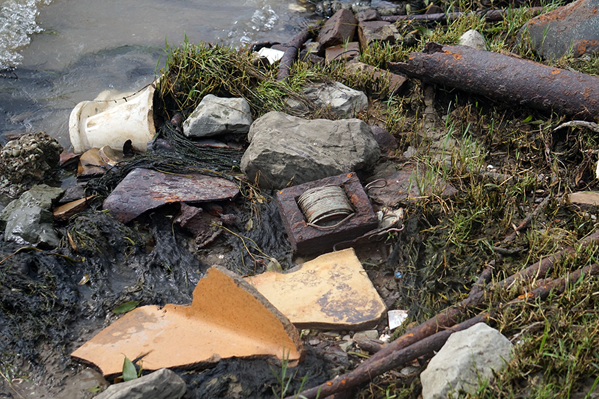 Photograph of refuse on the grassy edge of a body of water