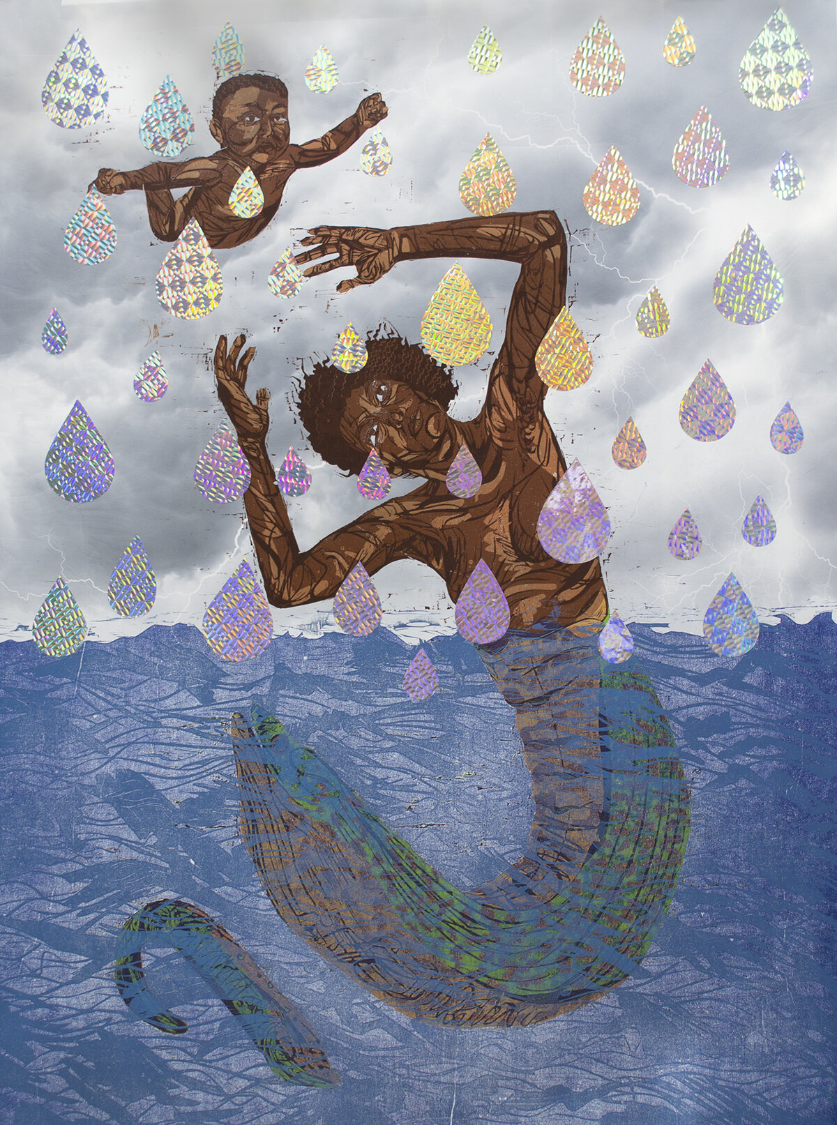 Colorful painting of a brown-skinned mermaid half-submerged in the water, with a nude, brown-skinned baby seemingly floating over her head