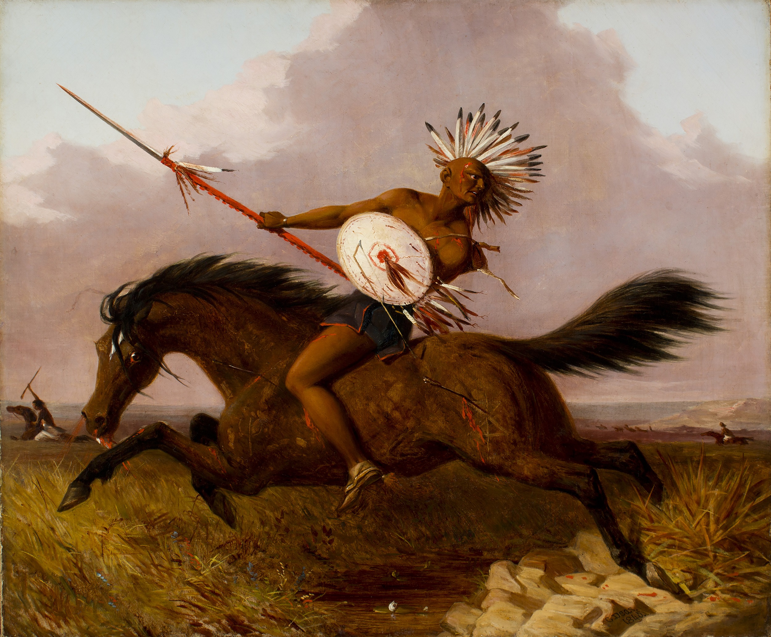 Oil painting of a wounded Native American man riding a horse across a prairie